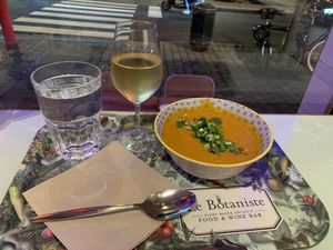 Organic white wine and carrot soup at Le Botaniste - Schuman in Brussels