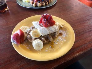 Vegan waffle with fruit at Waffle Me Up in Boise