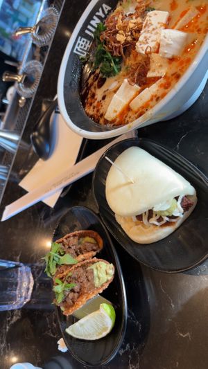 Spicy creamy vegan, plant based tacos and plant based bao  at JINYA Ramen Bar in Atlanta