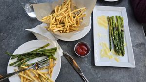 Truffle fries and Grilled Asparagus at Zinc Cafe and Market in Los Angeles