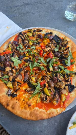 Roasted veggie pizza with gluten-free crust at Zinc Cafe and Market in Los Angeles