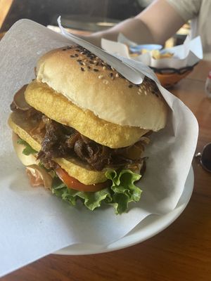 Mushroom burger with extra tofu at Maya Burger Queen in Pai