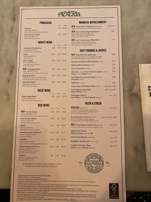 Vegan drinks menu at Pizza Express - Cromwell Rd in South West London