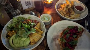 Burrito bowl 70k rp, bruschetta minus ricotta 50k rp, handcut chips 40k rp at Suka Espresso in Pecatu