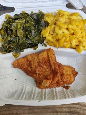 Cajun Fried Chicken, Collard Greens and Mac n Cheese at Senbeb Cafe in Washington