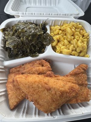 Cajun fried chicken with collard greens and mac & cheese  at Senbeb Cafe in Washington