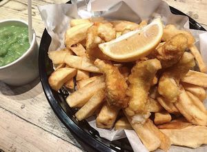 Vegan scampi, chips, mushy peas  at Sutton and Sons in East London