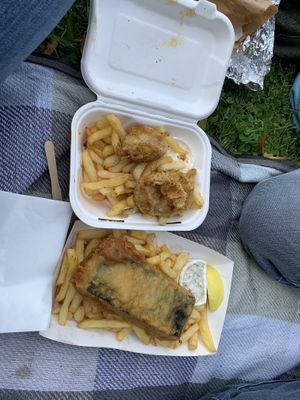 Vish and chips and chickun and chips  at Pyramid Vegan Cafe & Bakery in Glastonbury