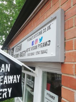 Signage at Pyramid Vegan Cafe & Bakery in Glastonbury