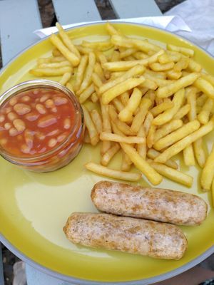 Sausage, beans and chips (July 2022) at Pyramid Vegan Cafe & Bakery in Glastonbury