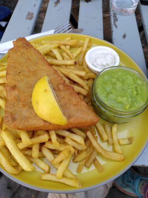 Vish and chips (July 2022) at Pyramid Vegan Cafe & Bakery in Glastonbury