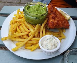 Vish and chips! at Pyramid Vegan Cafe & Bakery in Glastonbury