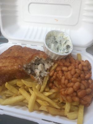 A tasty meal of Vish & Chips with beans & tartare sauce - very greasy but a lovely treat with excellent textures and flavours.  at Pyramid Vegan Cafe & Bakery in Glastonbury