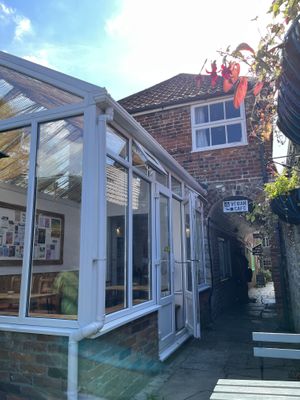 From garden seating  at Pyramid Vegan Cafe & Bakery in Glastonbury