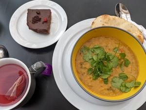 Dahl and chocolate torte and tea at Pyramid Vegan Cafe & Bakery in Glastonbury