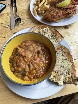 Casserole and garlic sourdough  at Pyramid Vegan Cafe & Bakery in Glastonbury