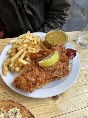 Vish and chips  at Pyramid Vegan Cafe & Bakery in Glastonbury