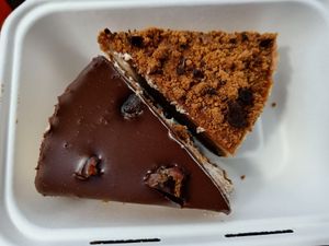 Biscoff cheese cake and date, chocolate and banana cheesecake to go! at Pyramid Vegan Cafe & Bakery in Glastonbury