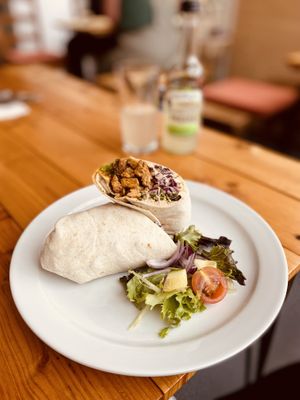 Vegan kebab with marinated soya protein, humous, slaw, jalapeños and some other goodness I can’t remember. Delicious!  at Pyramid Vegan Cafe & Bakery in Glastonbury