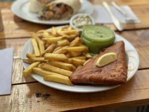 Vish and chips  at Pyramid Vegan Cafe & Bakery in Glastonbury