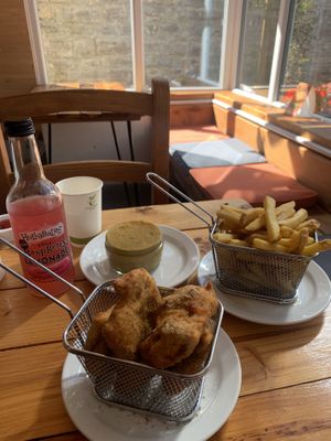 Vegan fried chicken, chips, curry sauce   at Pyramid Vegan Cafe & Bakery in Glastonbury