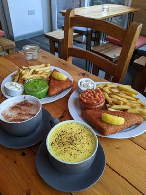 Vish and chips plus turmeric and chai lattes... Perfection! at Pyramid Vegan Cafe & Bakery in Glastonbury
