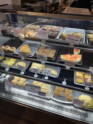 Counter with lots of savoury and sweet options  at Pyramid Vegan Cafe & Bakery in Glastonbury