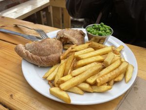 Pastie, chips and peas  at Pyramid Vegan Cafe & Bakery in Glastonbury
