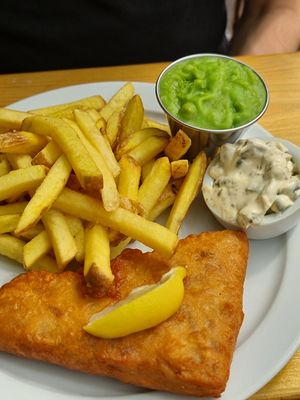 Fish and Chips, mushy peas, tartar sauce at Pyramid Vegan Cafe & Bakery in Glastonbury