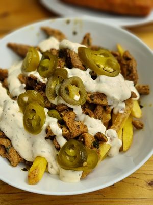 Kebab loaded fries at Pyramid Vegan Cafe & Bakery in Glastonbury