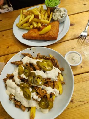 Kebab loaded fries at Pyramid Vegan Cafe & Bakery in Glastonbury