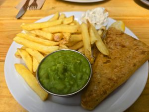Vish chips, mushy peas and homemade tartare sauce at Pyramid Vegan Cafe & Bakery in Glastonbury
