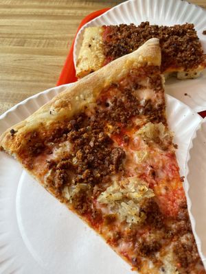 Special vegan slice and deep sausage pizza  at Paulie Gee's - Slice Shop in Brooklyn