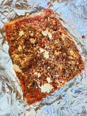 Vegan Freddy Prince with vegan sausage and added fresh garlic (which it didn't need!) Forgot to take pix while it was hot, but next day cold slice is yummy too! at Paulie Gee's - Slice Shop in Brooklyn