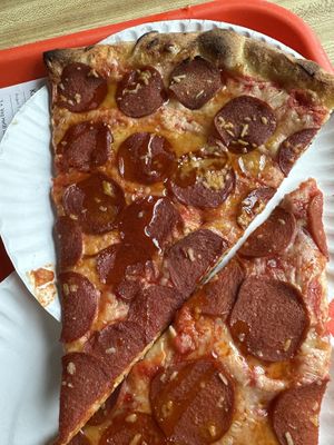 Vegan hellboy slice - pepperoni and hot “honey"  at Paulie Gee's - Slice Shop in Brooklyn