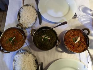 Lentil dhaal / spinach and potatoe / roasted eggplant curry  at Ashoka Indian Tandoori Restaurante in Lagos