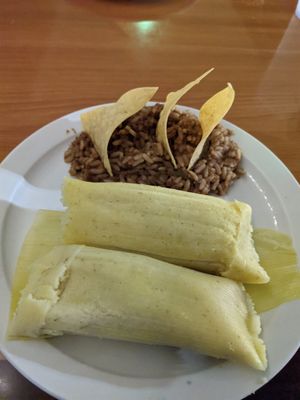 Sweet corn tamales and casamiento (mixed beans and rice) at Fernanda's Salvadorian in Cathedral City