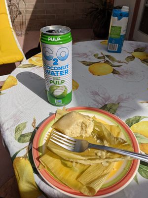 Breakfast sweet corn tamale, get some to go. One is a full breakfast for me. at Fernanda's Salvadorian in Cathedral City