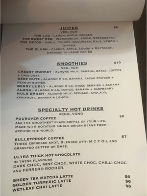 Menu at Just a Little Cafe in Kalgoorlie
