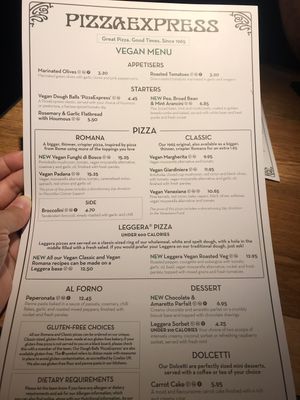 Vegan menu at Pizza Express - London Bridge in London