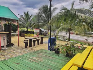 Spacious outdoor seating area at Lion's Share Cafe in Bridgetown