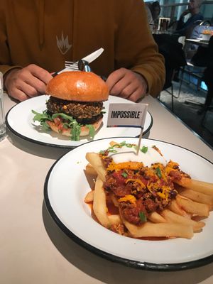 Falafel burger and vegan chilli cheese fries at HKG - Beef & Liberty Burgers - T1 in Outlying Islands