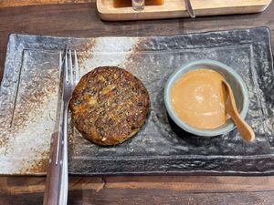 The bunless patty with cocktail sauce.  at Kunda Vegan Vegetarian in Chiang Rai