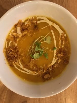 Sopa ZANADORA
pumpkin zapallo, apple, vegan cream, coconut bacon.  at Boho Balance by Silvana Gomez in Bogota