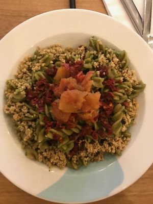 NUT PESTO PASTA
Whole wheat Pasta, dried tomatoes, basil pesto, grilled tomatoes & vegan parmesan.  at Boho Balance by Silvana Gomez in Bogota