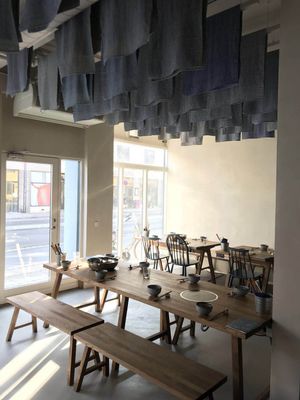 Beautiful wood tables at Hot Pot Republic in Copenhagen