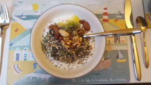 Coconut yogurs with fruit, nuts and seeds   at Bijou B&B in Weston-super-mare