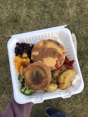 Red cabbage, carrot mash, broccoli, roast potatoes, cauliflower cheese pie, yorkshire pudding and gravy (£13). They have a bunch of condiments that you can help yourself to.  at Vegan to You in Wellington