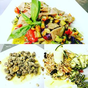 Homemade wholegrain pasta, Kale gnocchi and zucchinis skewers at Bahía Verde in Tenerife
