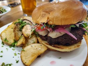 Beet burger and perfect potatoes. at Backslope Brewing in Columbia Falls